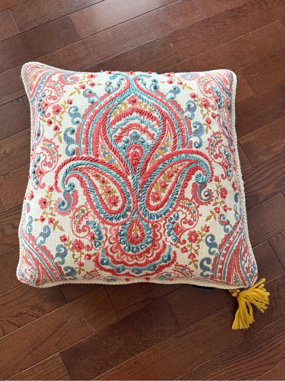 NEW Cynthia Rowley Coral, Teal & Yellow Embroidered Paisley 20” Accent Pillow